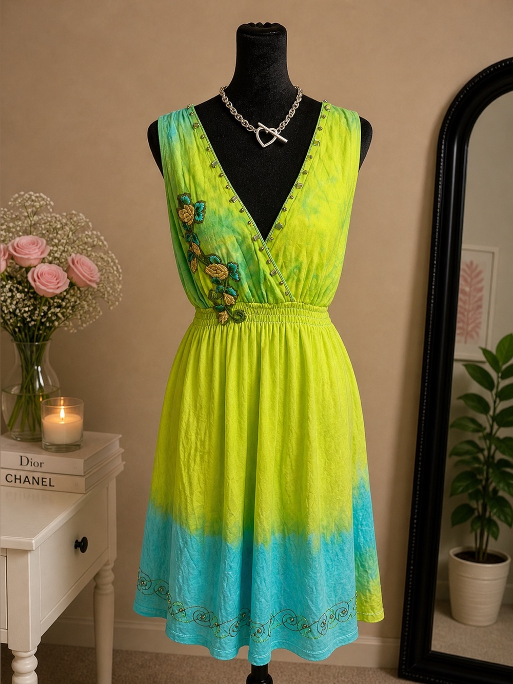 Krista Lee ombré beaded dress green blue embroidered rayon size L boho resort